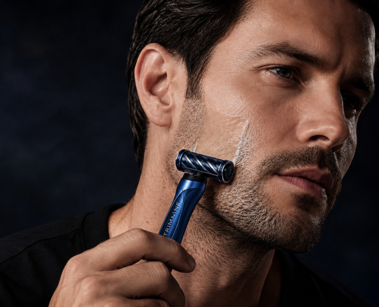 Man using the blue TRIMONE MEN ShaveFlow razor with H+ Twist blade-spindle technology